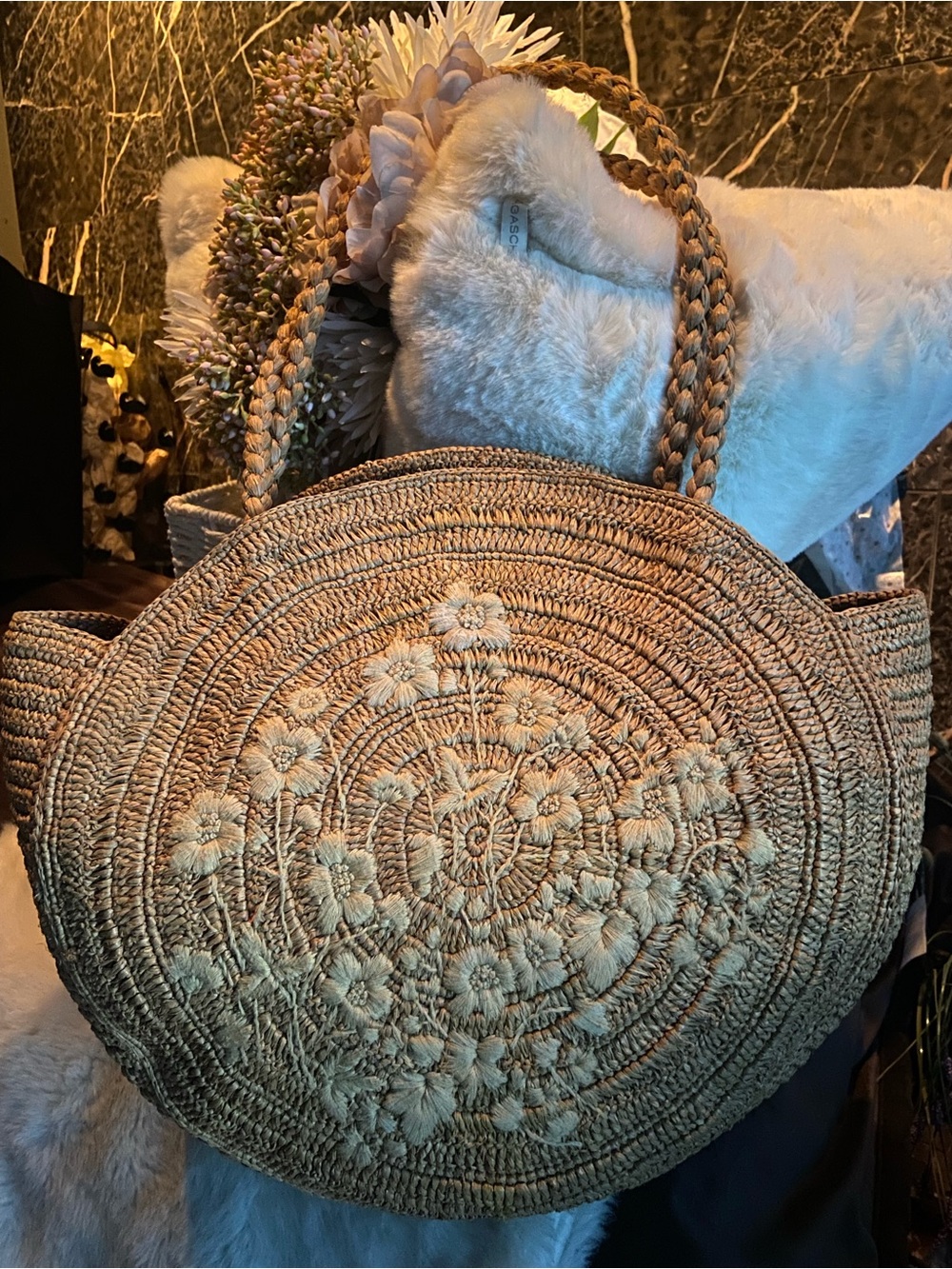 SEZANE Raffia June Basket With Embroidered Flowers ⚜️